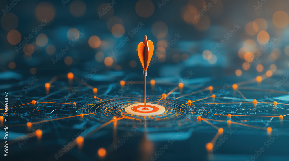 Poster dart hitting target surrounded by interconnected nodes symbolizes precision, strategy, and connectiv