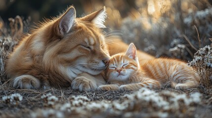 Ginger cat and kitten cuddle outdoors at sunset