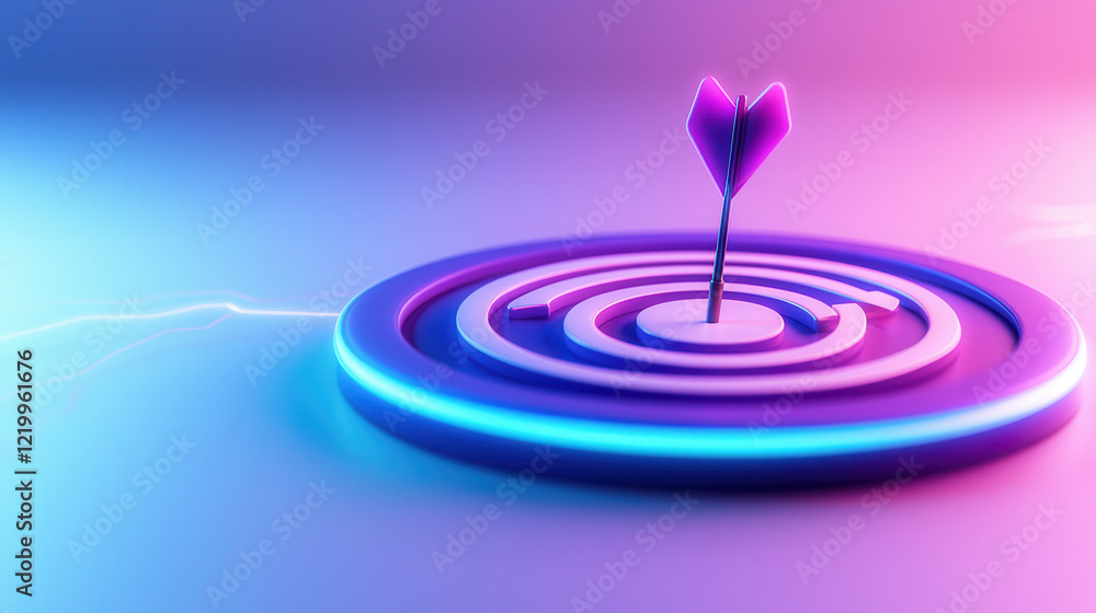 Poster glowing 3d target with dart in center, symbolizing precision and success, surrounded by vibrant neon