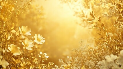 Panoramic View of Luxurious Golden Nature Background with Wide-Angle View Capturing Vibrant Floral Patterns and Golden Garden Spring Flowers in Full Bloom, Set Against a Backdrop of Intricate Lattice