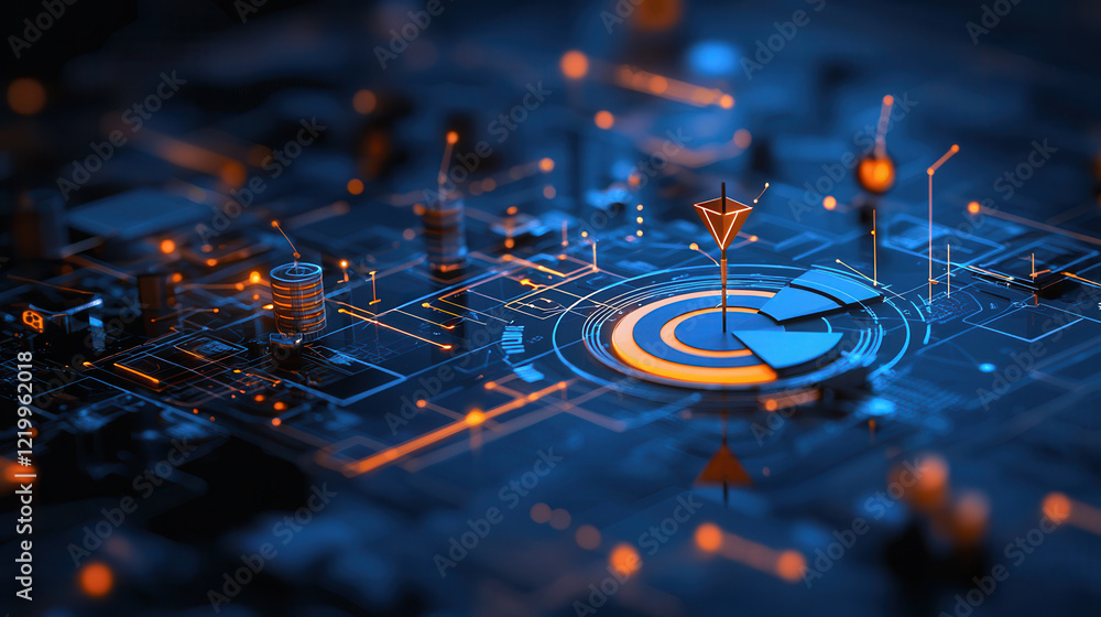 Poster futuristic 3d diagram showcasing segmentation, targeting, and data visualization in glowing digital 
