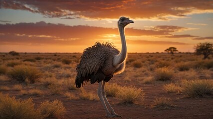 Majestic ostrich standing in a vast savanna during a vibrant sunset, nature's tranquility