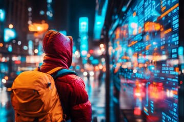 Obraz premium A person standing at a bus stop, staring at a complicated schedule board filled with overlapping routes and destinations, their expression visibly unsure