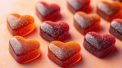 Glittery heart candies on peach background