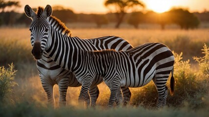 Two zebras standing closely together in a golden sunset savanna, showcasing nature's beauty