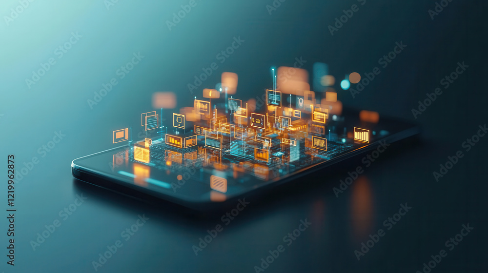 Poster glowing 3d database interface emerges from smartphone, showcasing futuristic technology and digital 