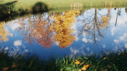 Tranquil Autumn Reflection on Calm Water with Vibrant Colors and Scenic Nature View
