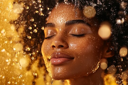 A person standing under a rainstorm, face tilted upward with closed eyes, their expression reflecting gratitude for the moment