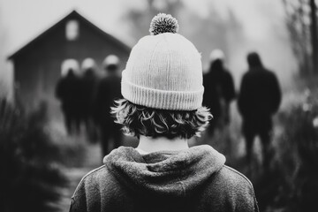 A person walking away from a group with slouched shoulders, their face partially hidden, conveying regret and embarrassment