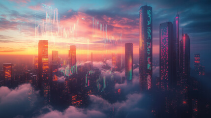 Futuristic Cityscape at Sunset with Neon Lights and Clouds