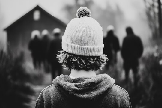 A person walking away from a group with slouched shoulders, their face partially hidden, conveying regret and embarrassment