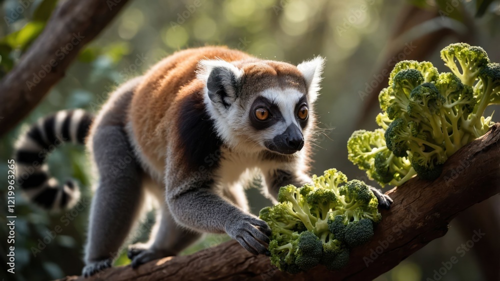 Poster a curious lemur exploring a branch with fresh broccoli in a lush, green forest setting