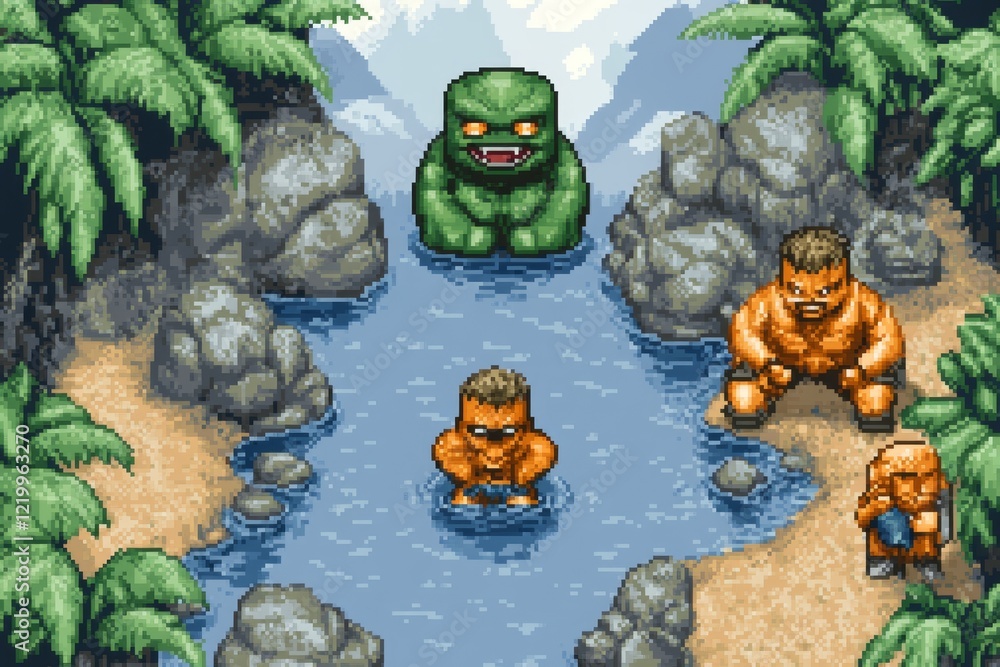 Aufkleber A pixel art depiction of a character accidentally falling into a river in a retro RPG setting, surrounded by NPCs with shocked and laughing expressions