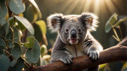 A close-up of a koala perched on a branch amidst lush eucalyptus leaves with sunlight filtering through