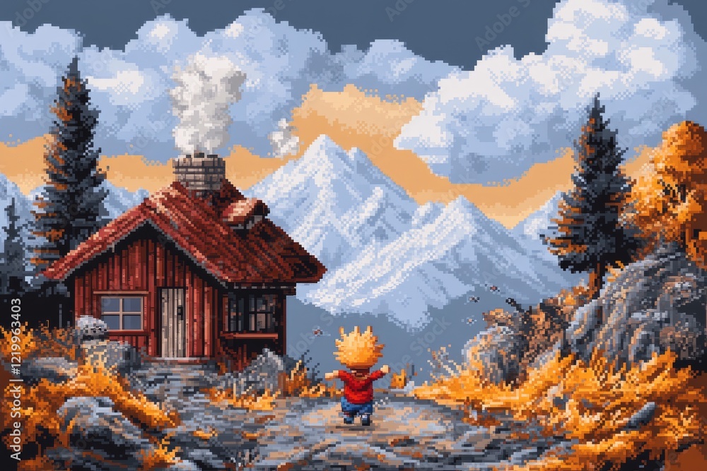 Poster a pixel art depiction of a small character laughing as they chase after a playful chicken in a color