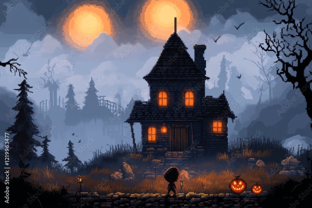 Poster A pixel art depiction of a small character standing in front of a spooky pixelated house, their nervous posture highlighted by animated sweat drops and shifting shadows
