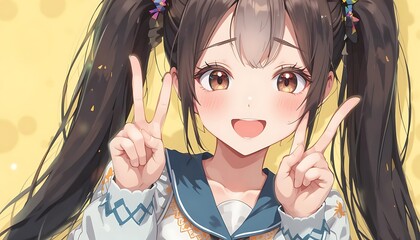 Anime Girl Doing a Peace Sign A bubbly anime girl with long twin tails, holding up a V peace sign with both hands near her face, smiling playfully