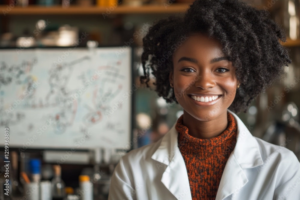 Poster a scientist in a lab coat smiling confidently as they stand beside a whiteboard filled with equation
