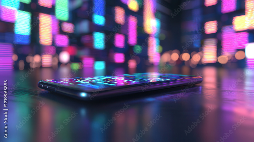 Poster glowing 3d database interface displayed over smartphone, surrounded by vibrant neon lights in futuri