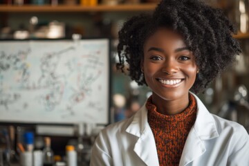 A scientist in a lab coat smiling confidently as they stand beside a whiteboard filled with equations and research findings