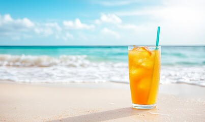 Tropical orange cocktail on sandy beach with ocean waves
