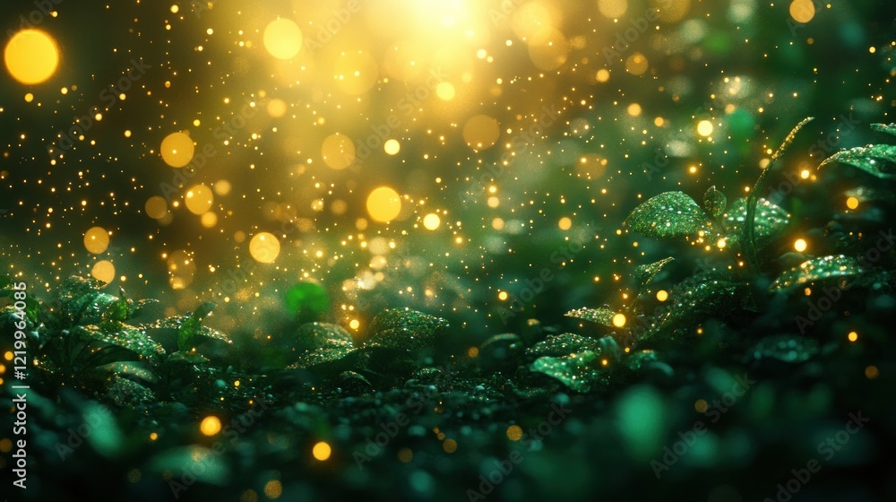 Poster green bokeh light effect with sparkling particles on black background for overlays and textures