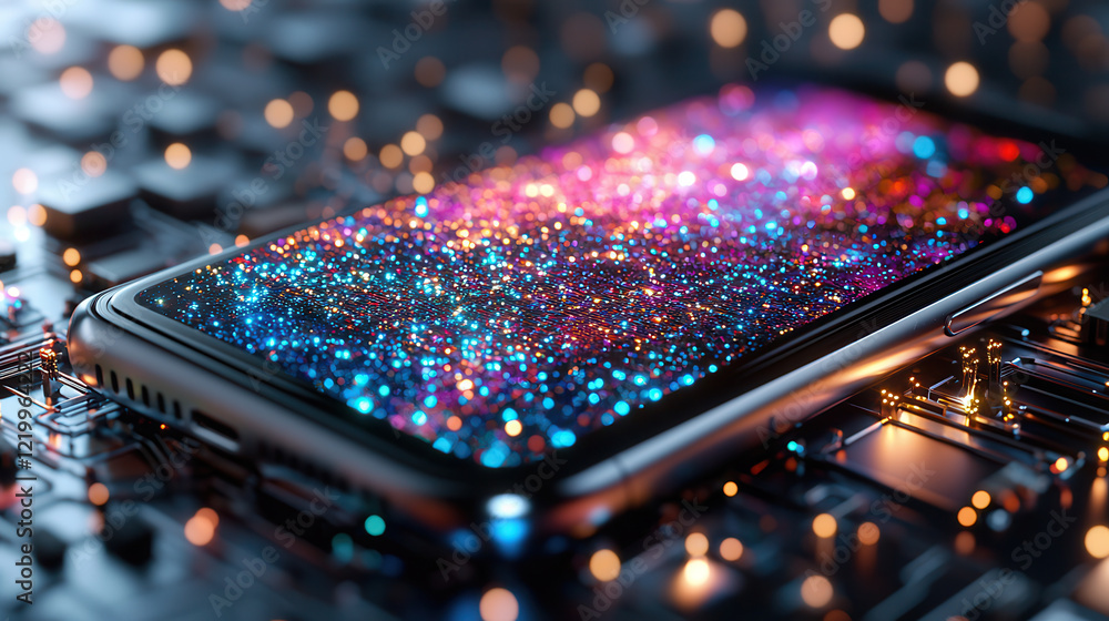 Poster glowing 3d digital interface displayed on smartphone, surrounded by vibrant lights and futuristic ci
