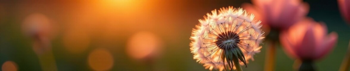 Dandelion flower petals reflect sunrise colors like stained glass windows, water droplets, morning