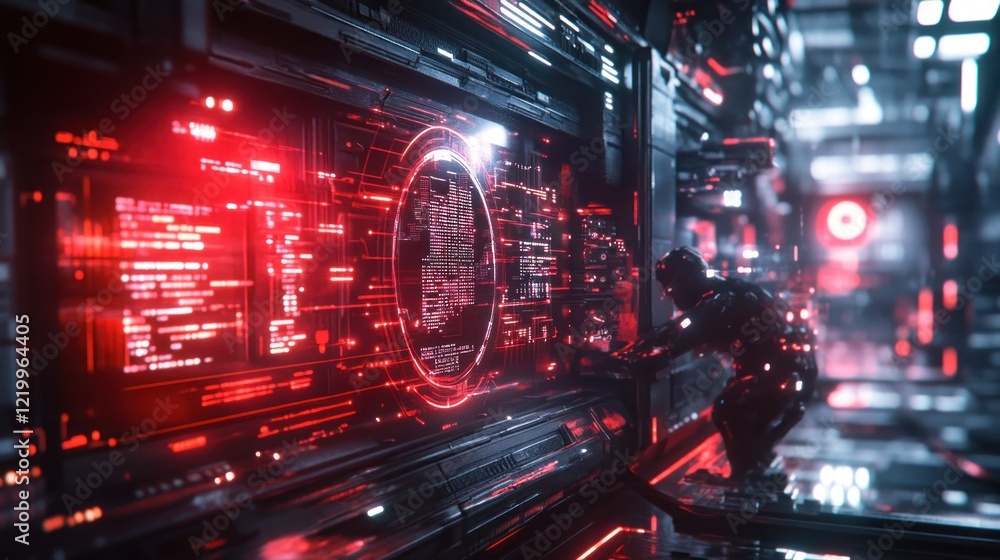 Poster cyberpunk hacker examining futuristic interface