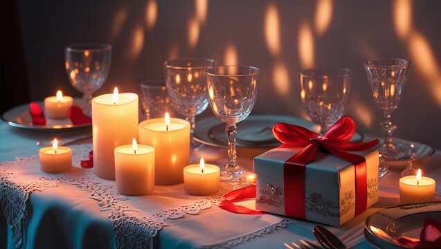 A romantic dinner setting with a couple holding hands, surrounded by candles and rose petals