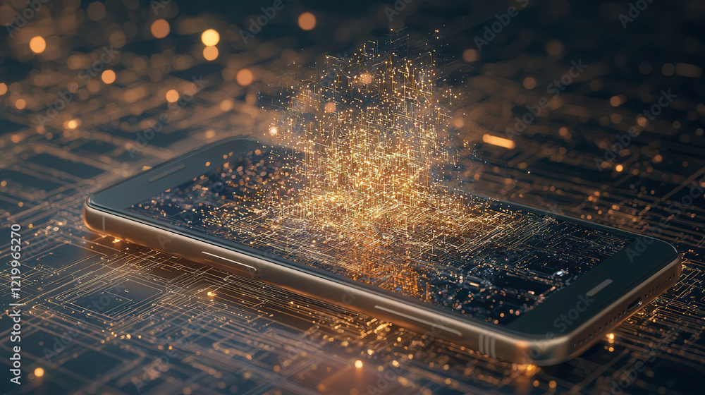 Poster glowing 3d digital database emerges from smartphone, symbolizing futuristic technology and data conn