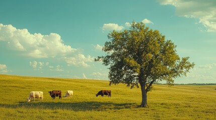 Fototapeta premium A herd of cows are grazing in a field next to a tree