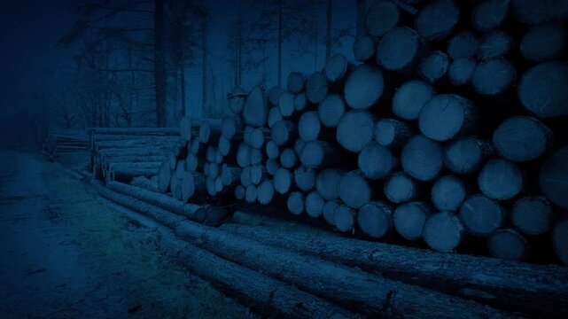Wood Log Pile In Dark Woods
