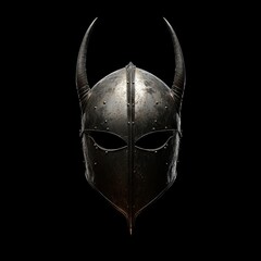Obraz premium Medieval horned helmet, dark background, metal, antique, worn.
