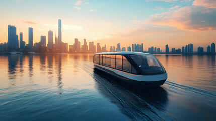 Naklejka premium A futuristic electric ferry service, gliding silently through the water while offering a scenic view of the city skyline. Electric Harbor. Illustration