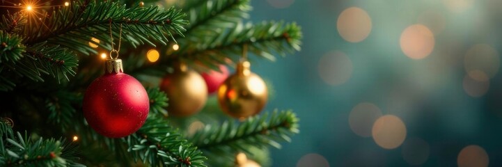 Naklejka premium Dangling evergreen branches adorned with sparkling ornaments, Christmas tree, ornaments, tree