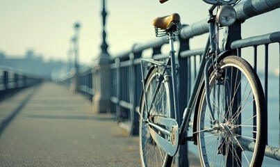 Fototapeta premium Vintage bicycle parked on bridge railing overlooking city waterfront at sunrise