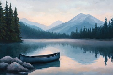 Tranquil Lake Surrounded By Majestic Mountains At Sunrise With A Canoe Resting Gently On The Water Surface
