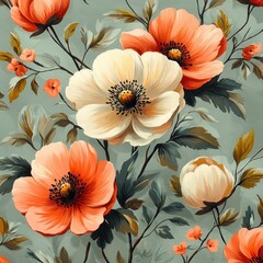 Impressionist Floral Pattern with Coral and Pink Flowers on Mint Green Background