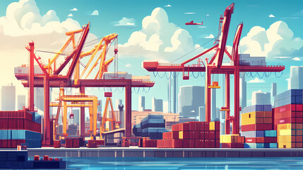 Automated shipping ports with electric cranes and efficient loading systems. Electric Harbor. Illustration