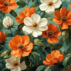 Obraz premium Vibrant Floral Pattern with Orange and White Flowers and Green Leaves in Impressionist Style