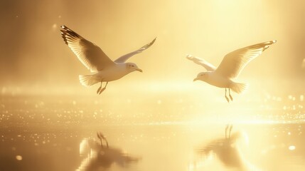 Fototapeta premium Two seagulls flying over a body of water