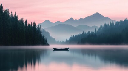 Tranquil Lake Surrounded by Misty Mountains at Sunrise Creating a Serene Atmosphere