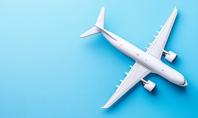 Fototapeta premium White airplane model on blue background for travel or vacation concepts