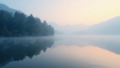 Obraz premium Misty morning fog rises from the lake's surface, reflective, serene, calm