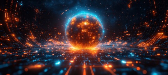 Digital Globe with Global Connection Icons Surrounded by Binary Code in a Cyberpunk Style