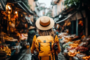 Obraz premium A tourist holding a camera and looking around confusedly in a crowded market, surrounded by unfamiliar foods and street signs