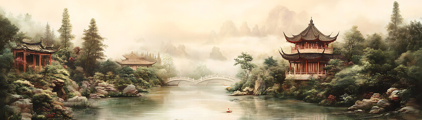 Naklejka premium A river flowing through a Chinese garden.