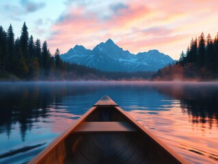 Tranquil Wooden Boat on Calm Lake Surrounded by Majestic Mountains at Sunrise in a Peaceful Natural Landscape