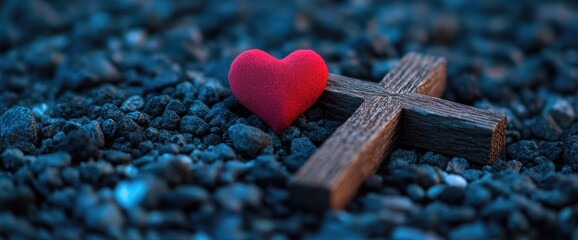 Red heart beside cross on dark gravel. Faith hope love